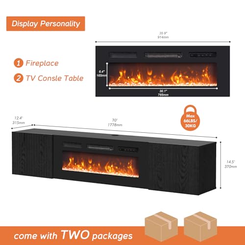 WMAPAT Modern Floating TV Stand with Electric Fireplace, Media Console for TVs up to 80", Wood Entertainment Center with 36" Fireplace TV Shelf Cabinet for Living Room, Bedroom, Black WAMPAT