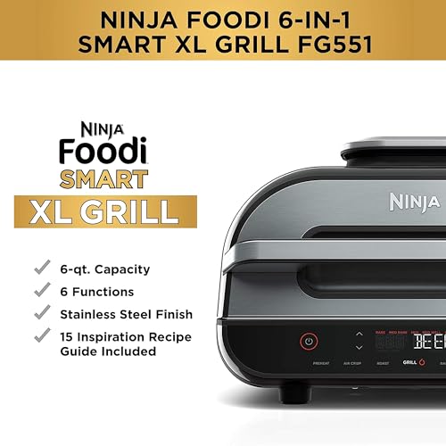 Ninja Indoor Grill, Foodi Smart XL 6-in-1 Indoor Grill with Air Fry, Roast, Bake, Broil & Dehydrate, Smart Thermometer, Black/Silver, FG551 Ninja