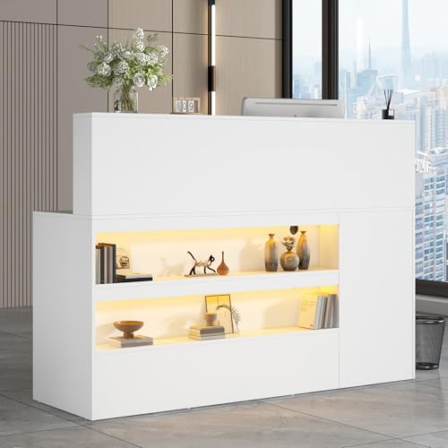 63" Reception Desk with LED Lights Power Outlets,L-Shaped Modern Front Table Reception Room Table with Cable Grommet,Lockable Drawers,Retail Checkout Counter for Lobby,Salon,Home Office Desk,White