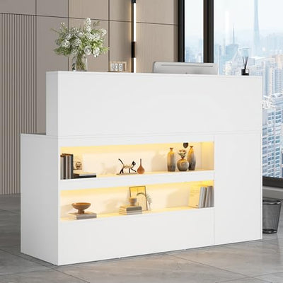 63" Reception Desk with LED Lights Power Outlets,L-Shaped Modern Front Table Reception Room Table with Cable Grommet,Lockable Drawers,Retail Checkout Counter for Lobby,Salon,Home Office Desk,White