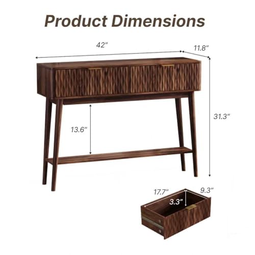 Cooday Console Table with Solid Wood Leg,Fluted Entryway Table with Storage Drawers, Mid-Century Modern Narrow Console Table for Living Room,Hallway,Walnut Cooday