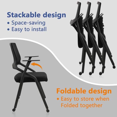CLATINA Stackable Foldable Conference Room Chairs with Wheels, Portable Padded Office Desk Chair with Lumbar Support and Armrest for Training Room, Guest, Reception, Event, Black (8pk) CLATINA