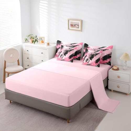 Feelyou Pink and Black Comforter Set with Sheets King Size Abstract Minimalist Bedding Set for Boys Girls Modern Geometric Bed in a Bag 7 Pieces Microfiber Feelyou