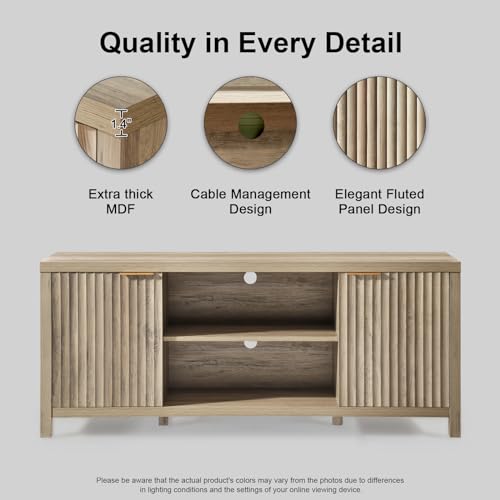 OAKHAM HOME Fluted TV Stands for Living Room, Heavy Duty Entertainment Center with Storage, Mid Century Modern Television Stands for 50/55/60/65 TV, Oxford Media TV Console (Sunwashed Ash Oak) OAKHAM HOME
