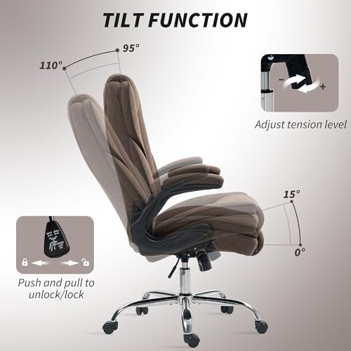 HOMCOM High Back Office Chair, Executive Desk Chair with Swivel Wheels, Flip-up Armrest, Adjustable Height, Modern Diamond Fabric Computer Chair for Home Office, Dark Brown HOMCOM