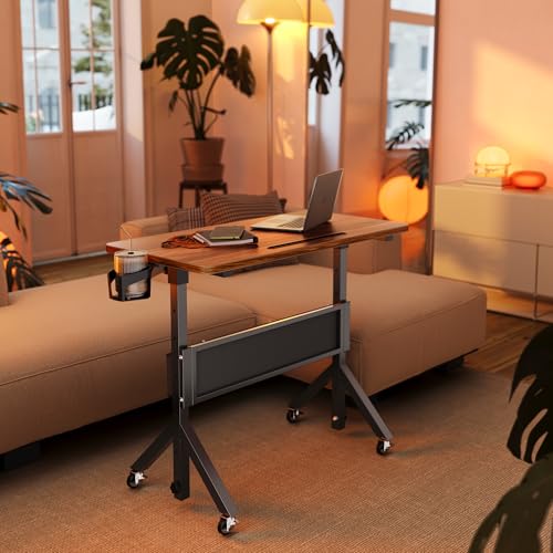 HUANUO Rolling Standing Desk Adjustable Height, Mobile Stand Up Desk for Walking Pad and Treadmill, Portable Computer Table with Wheels, 31.5"x15.75" Height 28.7"-46.1", Walnut HUANUO