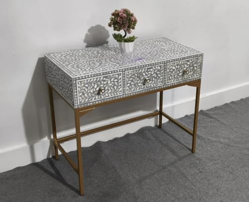 Bone Inlay Console Table with Gold Base, Gray and White Floral Pattern, 3 Drawers, Handcrafted Traditional Design Generic