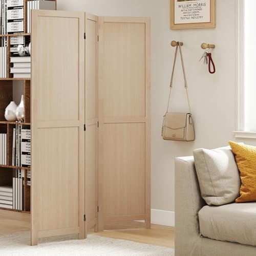 COSTWAY 3 Panel Folding Room Divider, 67" Rubber Wood Privacy Screen for Room Separation, Freestanding Hinged Partition Wall Divider for Bedroom, Living Room, Kitchen, Home Office, Restaurant COSTWAY