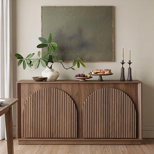 win2win Fluted Sideboard Buffet Cabinet with Storage, 65" Mid Century Modern Accent Cabinet with Double-Layered Arch Doors,Wood Media TV Console Table Credenza for Living Room Hallway Entryway,Walnut win2win