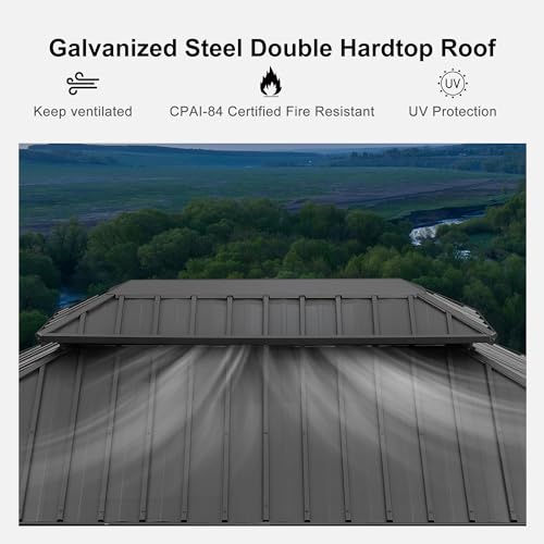 PURPLE LEAF 11' X 14' Hardtop Gazebo with Light Galvanized Steel Double Roof Outdoor Gazebo for Patio Lawn and Garden Curtains and Netting Included Grey PURPLE LEAF