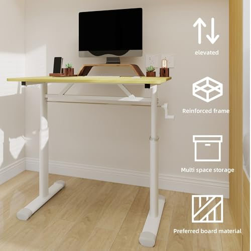 FRITHJILL Manual Height Adjustable Desk with Crank Handle, 23.62" to 35.43" Standing Desk with Round Corners, Wooden Desktop for Home Office Study Workspace Computer Table FRITHJILL