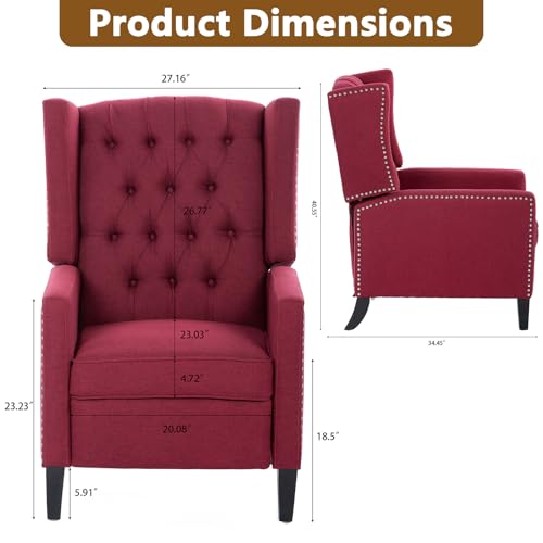 Wingback Recliner Chairs with Foldable Side Table&USB Charging Ports,Mid Century Accent Single Sofa Small Recliner Chair,Modern Comfy Pushback Reclining Chair for Living Room (Fabric, Wine Red)
