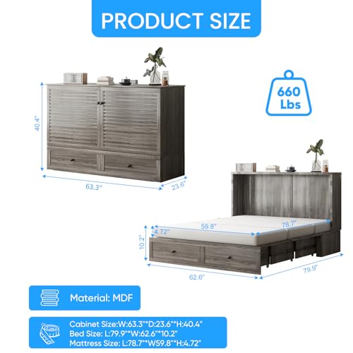 PUREMIND Cabinet Bed - Queen Murphy Bed with Mattress Included - Murphy Bed Queen with Storage Drawers, USB Charging Station, Headboard, Space Saving Wallbed for Guest Room and Small Space PUREMIND