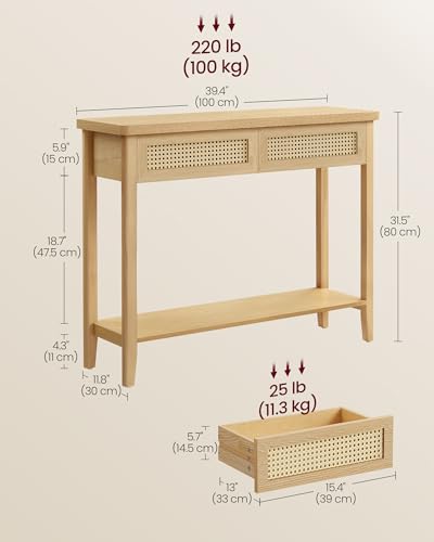 VASAGLE Console Sofa Table, Narrow Entryway Table, 2 Drawers, Open Storage Shelf, Rounded Corners, for Living Room, Boho Style, Oak Beige ULNT016YC01S VASAGLE