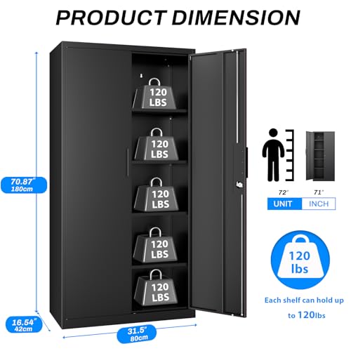 HOMOFFICE Metal Garage Storage Cabinet with Lock, 71" Tall Steel Storage Locker with 4 Adjustable Shelves, Heavy Duty Metal Cabinet for Garage, Office, Home, 31.5”W × 16.5”D, Black HOMOFFICE