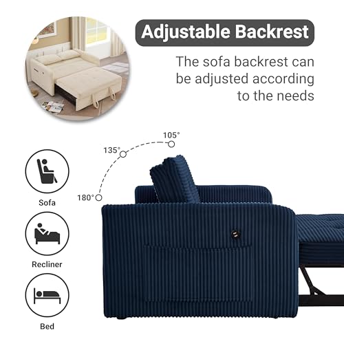 N NOORDENIYA 55.5" Corduroy Convertible Sofa Bed, Pull Out Sleeper Sofa Bed, Loveseat Couch with USB Charging Ports, 3 in 1 Convertible Sleeper Sofa Bed for Living Room, Apartment, Bedroom, RV, Blue N NOORDENIYA