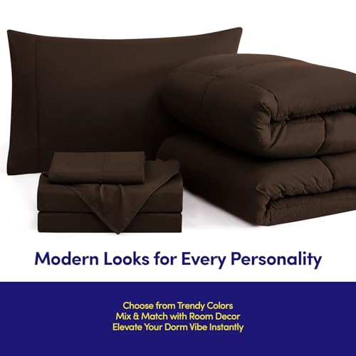 Dorm Room Essentials College Bedding Comforter Set 5 Piece Twin Size Bed in a Bag for College Students Boys and Girls, Twin, Chocolate Brown Sweet Home Collection