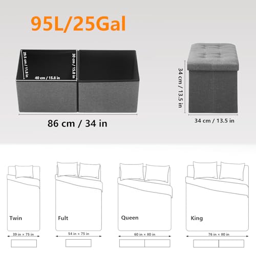 AmasSmile Storage Bench Folding Storage Ottoman Foot Rest Stool, 34 inch Grey Linen Footstool Bench, Short Ottoman Bench, Storage Foot Rest Store as Books, and Blanket Storage or Others AmasSmile