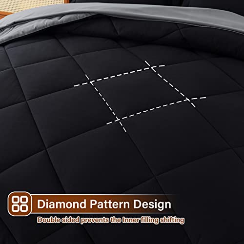 Cosybay Bed in a Bag Full Reversible Comforter Sets 7pcs All Season Down Alternative Bedding Sets Black and Grey with Comforter, Pillow Shams, Flat Sheet, Fitted Sheet and Pillowcase Cosybay