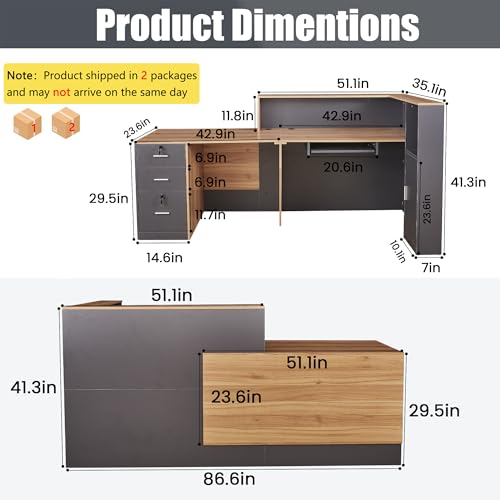 LayBurst L-Shaped Reception Desk with Lockable Drawers, Adjustable File Cabinet & Keyboard Tray, Modern Front Counter for Office, Salon, or Lobby LayBurst