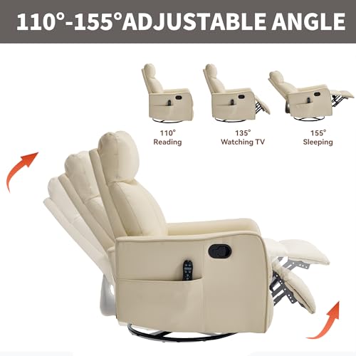 High Back Massage Recliner with Heat - Swivel Rocking Chair for Small Spaces, Manual Lazy Boy Recliner for Adults, Perfect for Living Room & Bedroom, Soft Fabric (Beige FL)