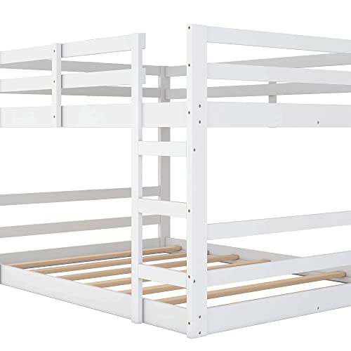 Ball & Cast Full Over Full Bunk Bed with Double Ladder and Full-Length Guardrail,Low Floor Bunkbed w/Slat Support,Bedroom Furniture for Girls Boys,White Ball & Cast
