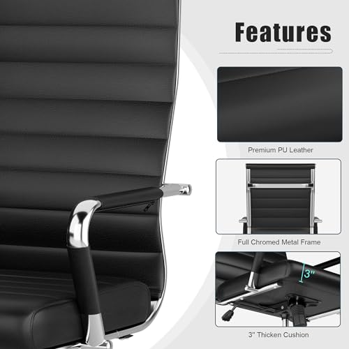 Okeysen Office Desk Chair, Ergonomic Leather Modern Conference Room Chairs, Executive Ribbed Height Adjustable Swivel Rolling Chair for Home Office. (Black) Lepdep