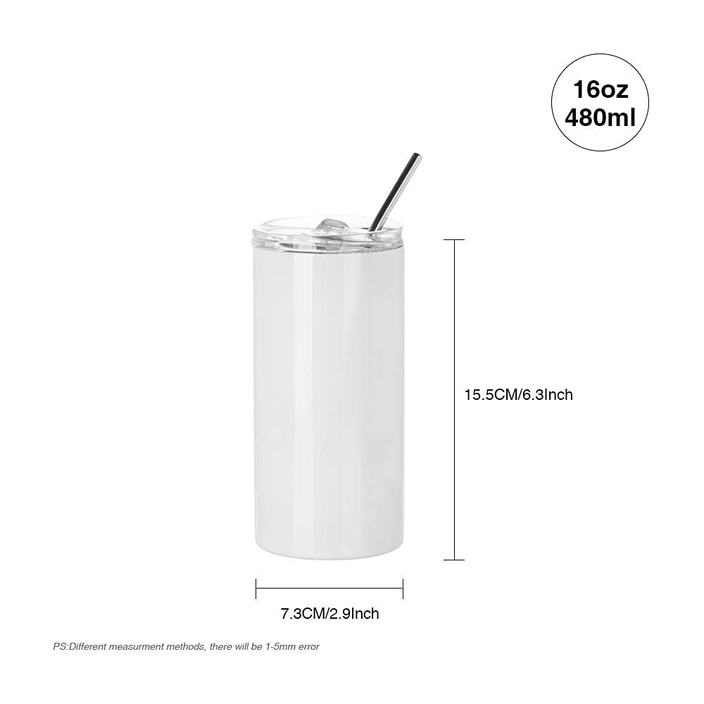 PYD Life Sublimation Blanks Tumbler Skinny 16 OZ Straight Stainless Steel Coffee Kids Tumbler with Lid and Metal Straw for Tumbler Heat Press Machine Sublimation Print 4 Pack PYD Life