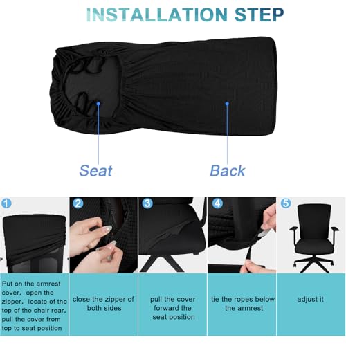 Tatuo 3 Pcs Computer Office Chair Cover Universal Rotating Chair Slipcovers Protector Removable Washable Office Armrest Covers with Zipper for High Back Seat Backrest(L,Waffle,Black) Tatuo