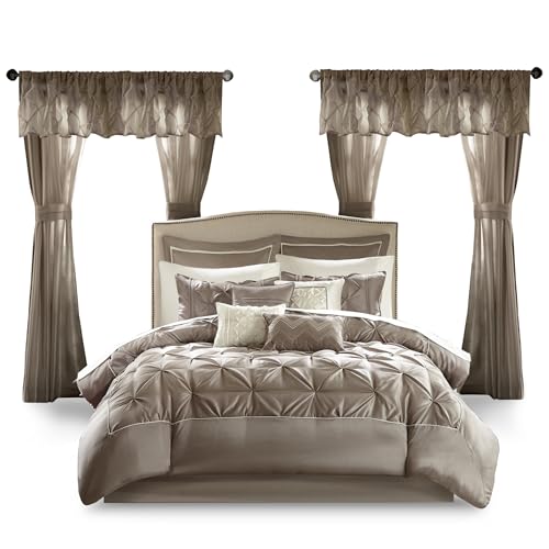 Madison Park Essentials Room in a Bag Faux Silk Comforter Set - Luxe Diamond Tufting All Season Bedding, Matching Curtains, Decorative Pillows, Taupe Queen(90"x90") 24 Piece Madison Park