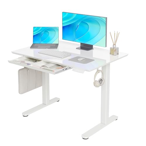 Claiks Glass Standing Desk with Drawers, 40×24 Inch Adjustable Stand Up Desk Quick Install Home Office Computer Desk, White Claiks