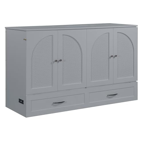 P PURLOVE Queen Murphy Bed with Large Drawers, Wood Cabinet Bed with USB Port, No Box Spring Needed, Easy Assembly (Gray) P PURLOVE