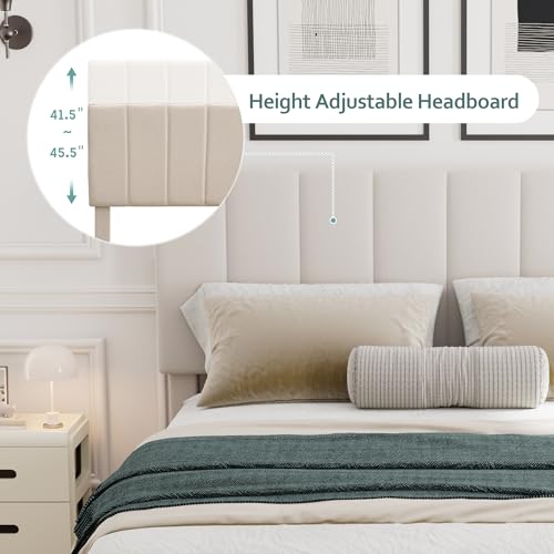 Gas Lift Up Storage Platform Bed, Upholstered Bed Frame with Hydraulic Storage System and Wooden Slat Support, Queen Size, Beige Merax
