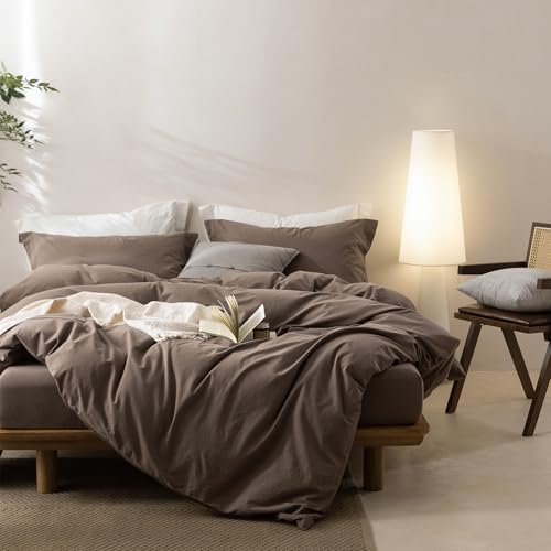 BDEAR Linen Feel Light Chocolate Brown Duvet Cover Twin Size 90'' L x 68'' W, Percale 100% Washed Cotton Duvet Cover with Zipper Closure Plus 1 Pillowcase, Oeko TEX Standard 100 Certificated BDEAR
