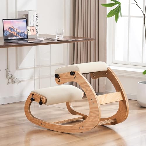 MoomJiee Ergonomic Kneeling Chair,Adjustable Rocking Knee Chair for Home Office,Wooden Office Chair for Back Pain Relief, Beige MoomJiee