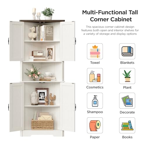 Vabches Tall Corner Cabinet, Corner Bathroom Cabinet, 67" Farmhouse Storage Cabinet with 4 Doors and Adjustable Shelves, Home Space Saver for Bathroom, Kitchen, Living Room, Pantry, White Vabches