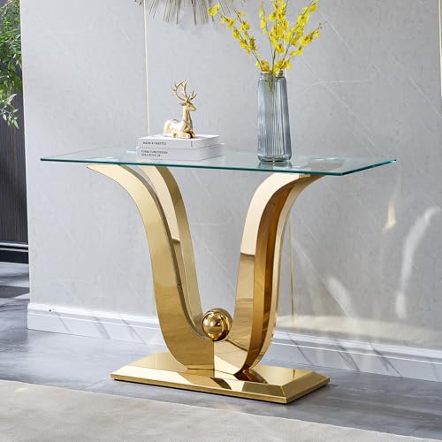 Henf Luxury Gold Glass Console Table Modern 47" Rectangular Slim Entryway Table with Mirror Finish Stainless Steel Base and Clear Glass Top for Living Room Hallway Corridor Entrance Table (Gold) Henf