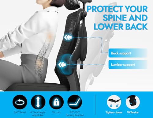 Ergalithic Ergonomic Office Chair - X-Shaped Computer Desk Chair Comfy, Gaming Chair, Office Chair with Lumbar Support, Mesh Office Chairs with Headrests, Desk Chair for Long Hours (Black Silver) Ergalithic