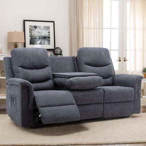 Consofa Reclining Sofa, Recliner Sofa 3 Seater with Flipped Middle Backrest, 2 Cup Holders, Manual Wall Hugger Couches for Living Room, Home Theater Seating Loveseat Recliner Sofa Consofa