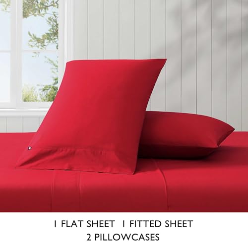 Tommy Hilfiger - Sheet Set, Cotton Percale Bedding with Matching Pillowcase, Crisp & Cool, Solid Home Essentials (Red, Twin) Tommy Hilfiger