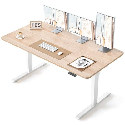 BANTI 63 × 28 Inches Standing Desk, Ergonomic, Electric Height Adjustable, Sit and Stand Up, Computer Desk with a Deeper Desktop, White Frame/Maple Top