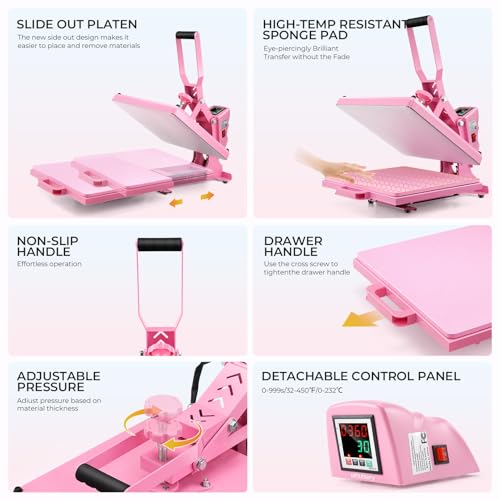 Whubefy Heat Press 15x15 Slide Out, Industrial-Quality Clamshell Sublimation Heat Transfer Machine with 5 DTF Transfer Sheets, Digital Heat Press Machine for T Shirts/Bags/Pillows/Mouse Pad (Pink) Whubefy