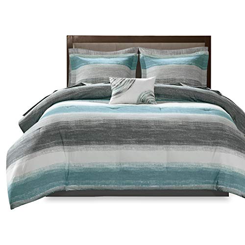 Madison Park Essentials Twin Comforter Set, Bed in a Bag Twin, Watercolor Print Coastal Comforter & Chambray Cotton Sheet Set, All Season Bedding Set, Saben, Aqua Twin (68 in x 86 in) 7 Piece Madison Park