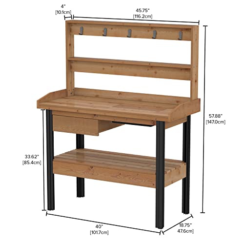 Vita 46 inch x 20 inch x 58 inch Cedar Wood Potting Bench, Dark Brown, FSC, Pre-Stained, Storage Shelf, Work Basin, Hooks, VT17744 Vita