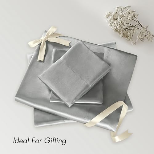 Madison Park Satin Sheets Split King Size, Luxurious Silky Bed Sheets, Elastic 14" Pocket fits up to 16" Mattress, Wrinkle-Free, Soft Satin Bed Sheet Set, Grey 7 Piece Madison Park