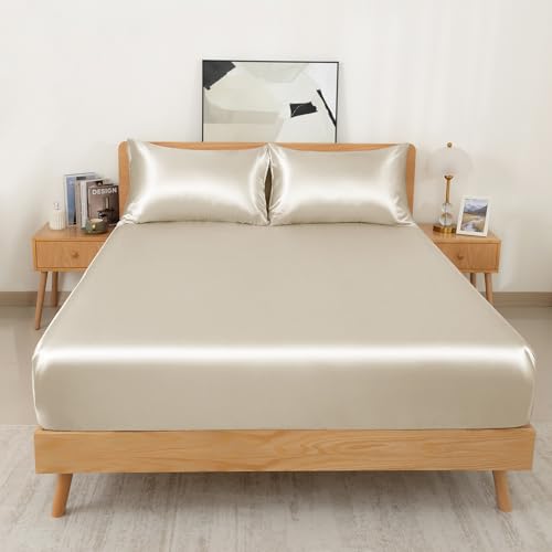 NSGZ 3 Pcs Satin Fitted Sheet and Pillowcase Set, King Silky Bottom Bedsheet Fit up to 15 Inch Deep Pocket Mattress, Taupe Soft Satin Bedding Includes 1 Fitted Sheet and 2 Pillowcases NSGZ