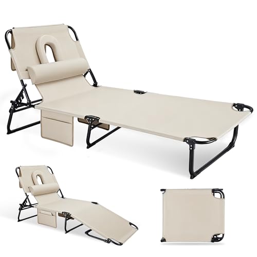 Ahsuname 3-in-1 Sun Tanning Chair with Face Holes, Folding Chaise Lounge Chairs, 5-Position Adjustable Lounge Chair Outdoor with 2 Side Pocket & Pillow, for Pool Beach, Patio, Camping, Beige