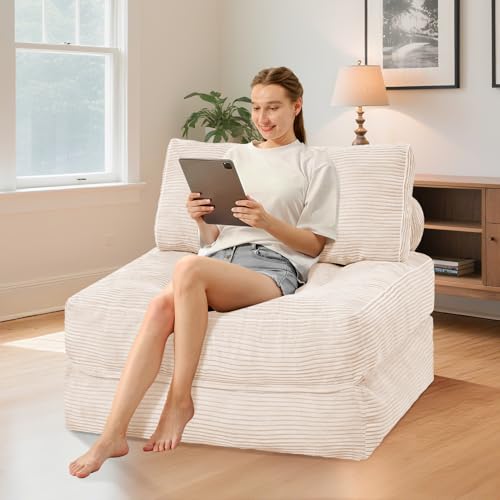 HABUTWAY Folding Sofa Bed, Convertible Sleeper Chair Bed w/Dual-Pillow & Handle, Foldable Floor Sofa Lounge w/Back Support for Living Room, Bedroom, Apartment, Office, Single, Beige HABUTWAY