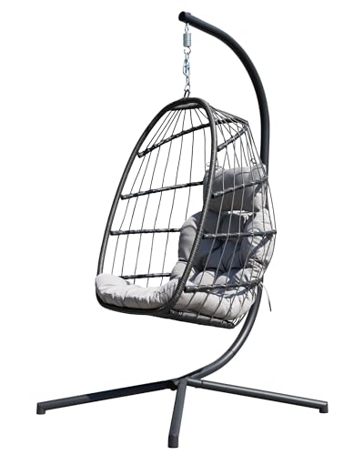 HWB Hanging Egg Chair with Stand, Patio Wicker Egg Swing Chair with Cushion for Bedroom Garden Indoor Outdoor (Grey) HWB