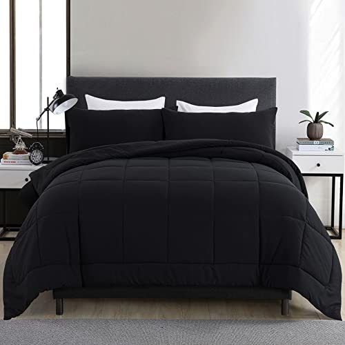 DOWNCOOL Full Size Comforter Sets -All Season Bedding Comforters with 2 Pillow Cases -3 Pieces Bed Set Down Alternative Comforter -Black Bedding Sets (82"x86") DOWNCOOL